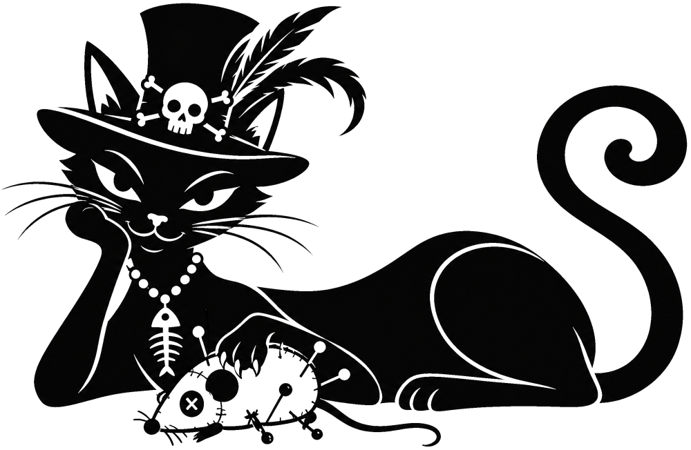 Black Cat in a top hat with feathers and a skull resting on his paws, holding a voodoo doll shaped like a mouse.